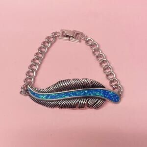 Silver Plated Chain Bracelet with Blue Opal leave Charm